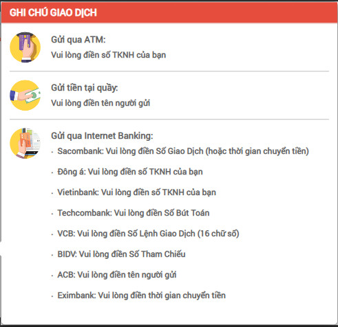 Chú ý phần ghi chú giao dịch trong phần nạp tiền vào nhà cái bong99