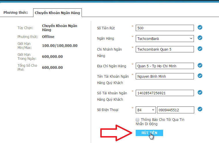 Nhập thông tin rút tiền tại W88