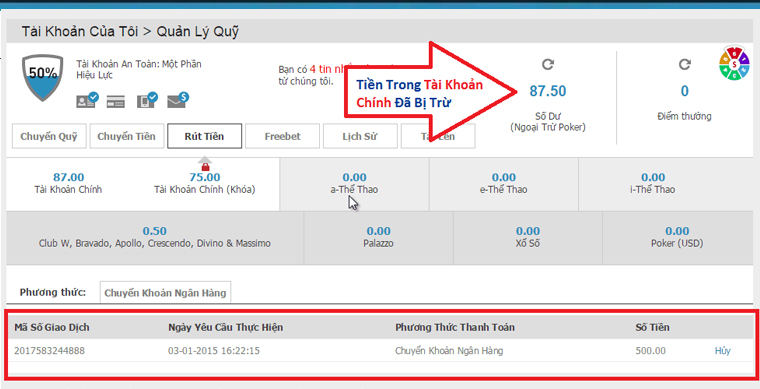 Xác nhận thông tin rút tiền tại W88